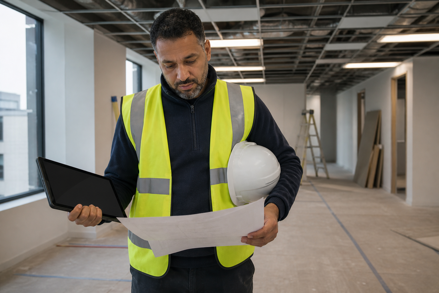 Specialist installer and site manager reviewing a commercial project.