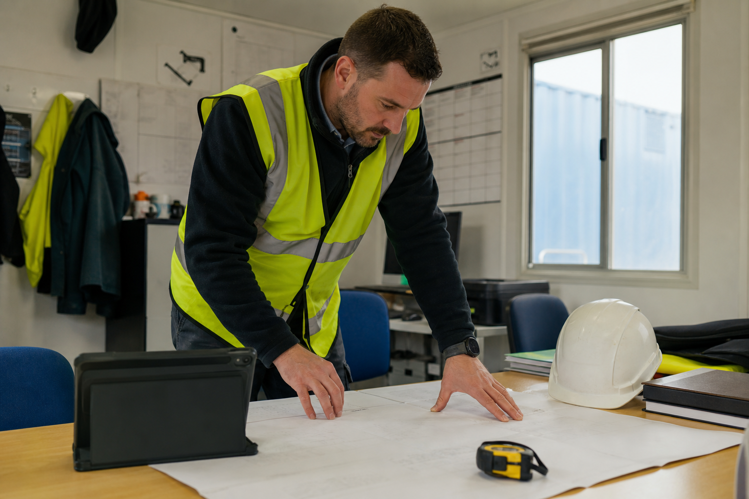 Specialist installation technician reviewing work plans before a project.