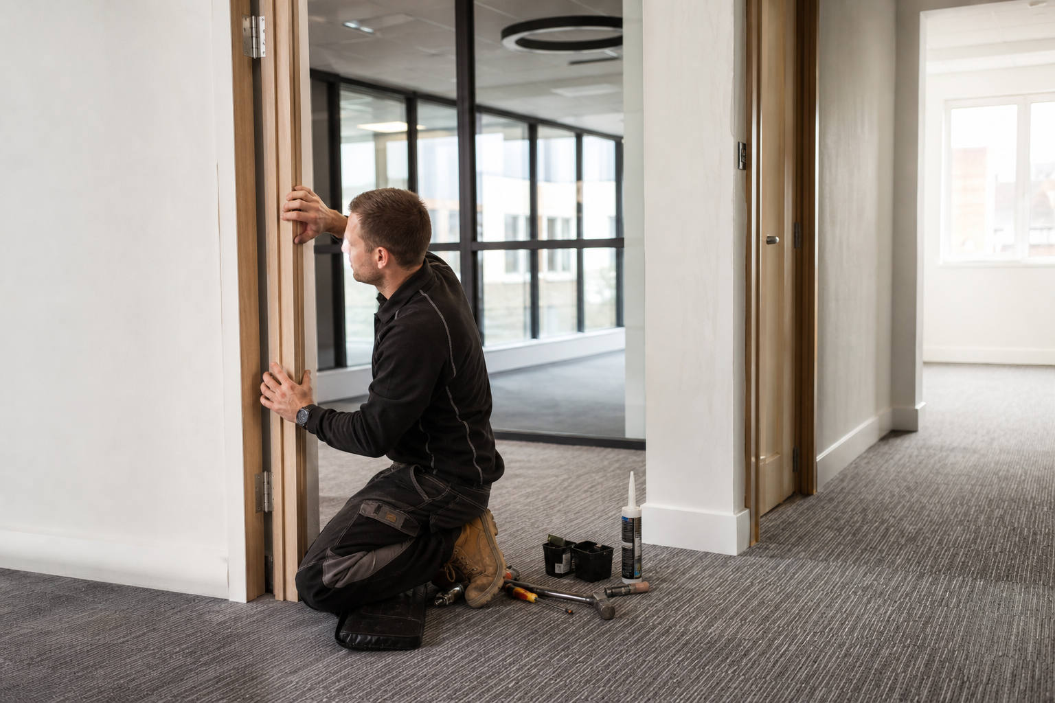 Installer completing internal finishing work in a commercial workspace.